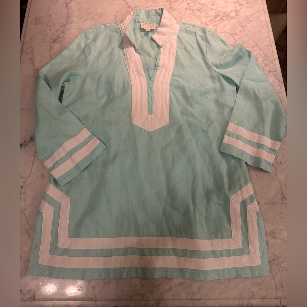 Sail to Sable Seafoam & White Tunic XL 💯 Linen Like New!